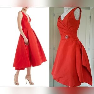 ◇$2595 MONIQUE LHUILLIER CORAL RED GORGEOUS TAFFETA SILK RUNWAY US 6